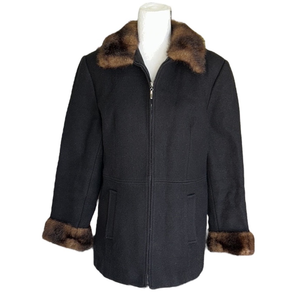 Mario de Pinto MDP Vintage Black Wool Blend Faux Fur trim Collar Jacket Coat - L